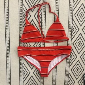 Red Stripped Triangle top Bikini, full bottom
